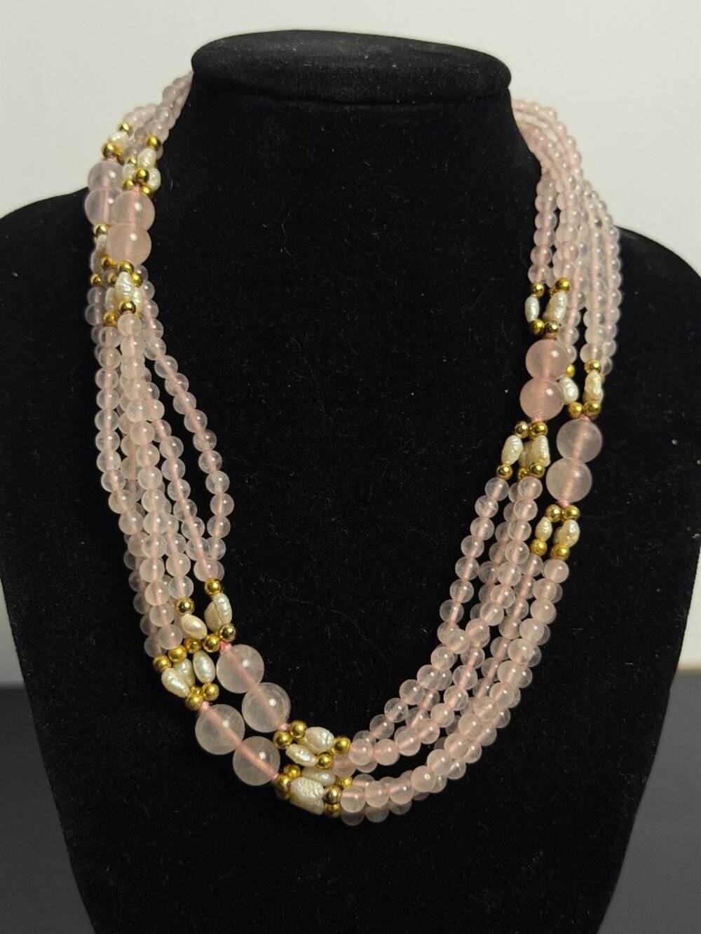 Vintage Pink Beaded Multi Strand Necklace Freshwater Pearl Gold Tone Beads